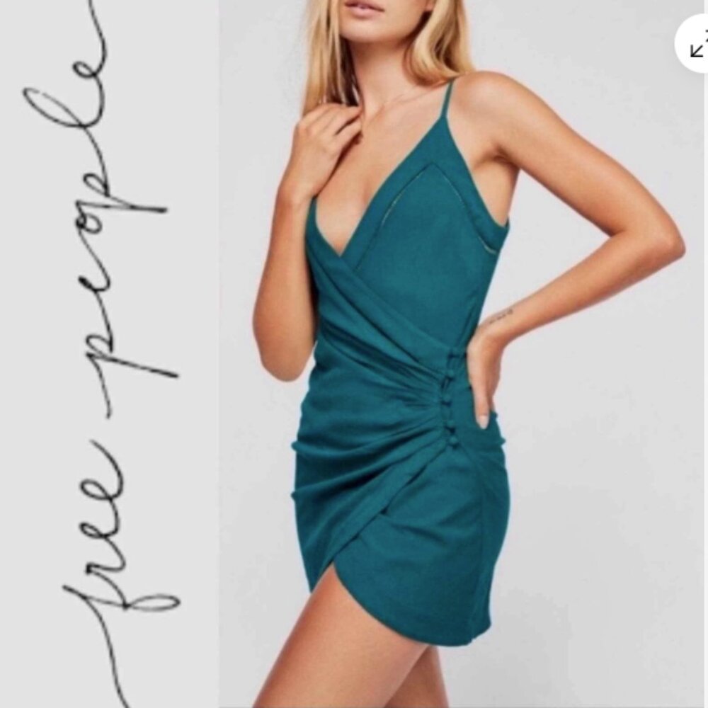 FREE PEOPLE  Dylan Bodycon Wrap Mini emerald green tulip hem dress sleeveless